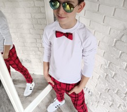 Bluzeczka elegancka z muchą podwójna krata czerwień Style Kids